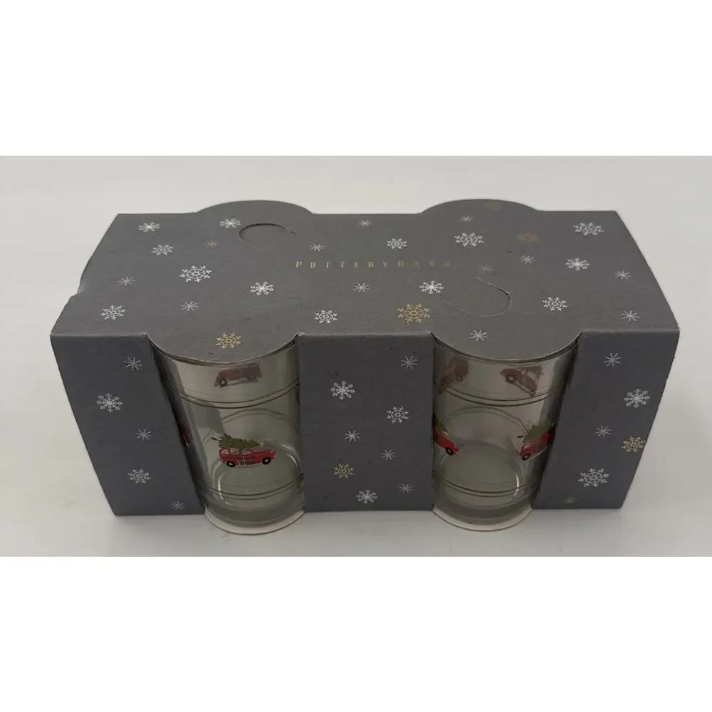 Pottery Barn Christmas Woody Car Juice Glasses Set of 4 Holiday Glassware